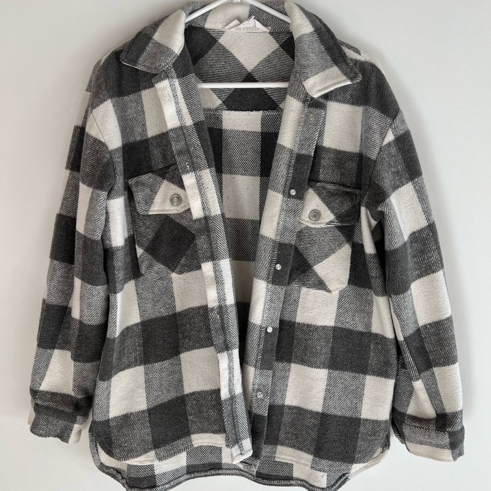 Plaid Shacket | Gray & White Thick Flannel Jacket | Button Front